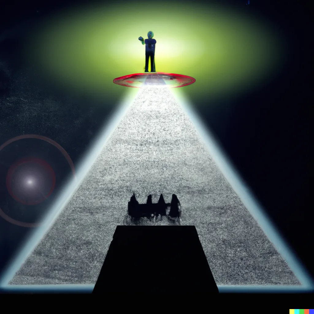 DALL·E 2023-09-22 21.30.31 - photograph of  person giving a conference at the top of the pyramid and a ufo is abducting the person in a bigh light